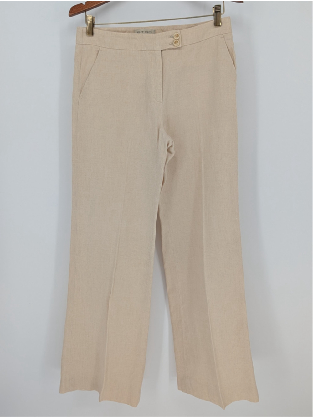 Vintage 90s ETRO Milano Linen Pants Women 42 US 6 Beige Wide Leg Trousers Italy